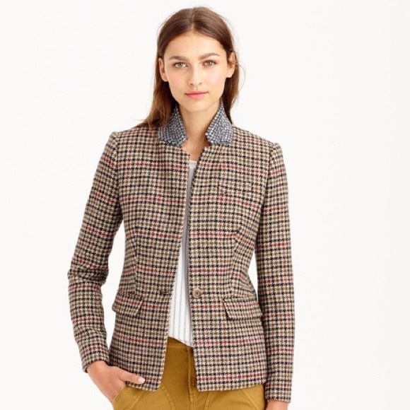 J.Crew Regent Houndstooth Printed Blazer Jeweled Collar Beaded Jacket 4 Womens